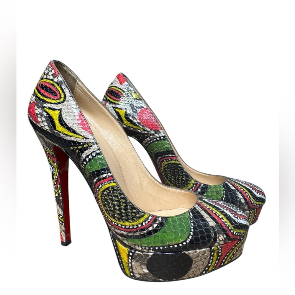 CHRISTIAN LOUBOUTIN Bianca Python Platform Pumps Multicolor Sz 37 orig box incl